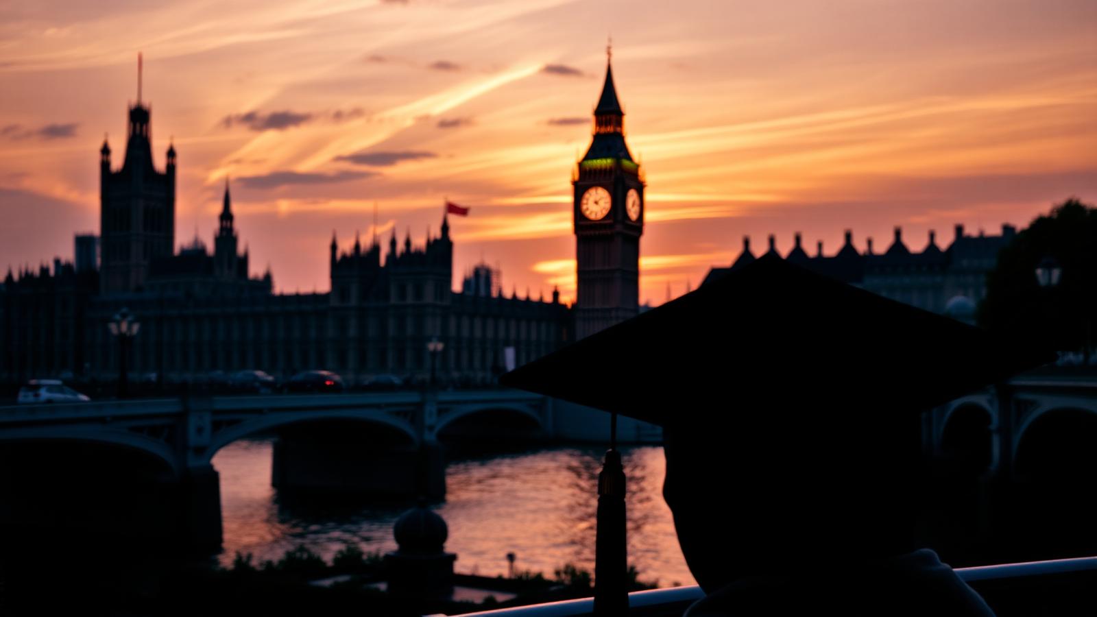 Silhouette of a graduate at sunset in front of the United Kingdom Houses of Parliament and Big Ben