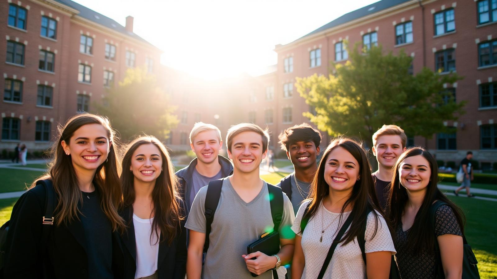 Diverse college students smiling on a sunlit campus quad, representing Fulbright Scholarship applicants