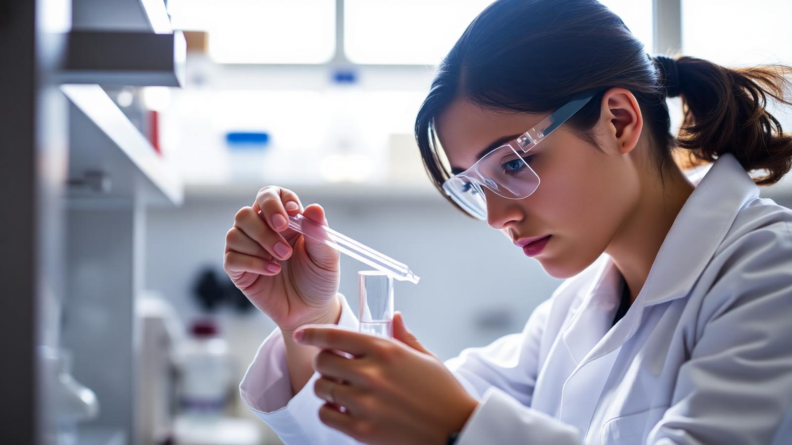 Graduate researcher pipetting into a test tube in a modern science lab, representing STEM scholarship recipients