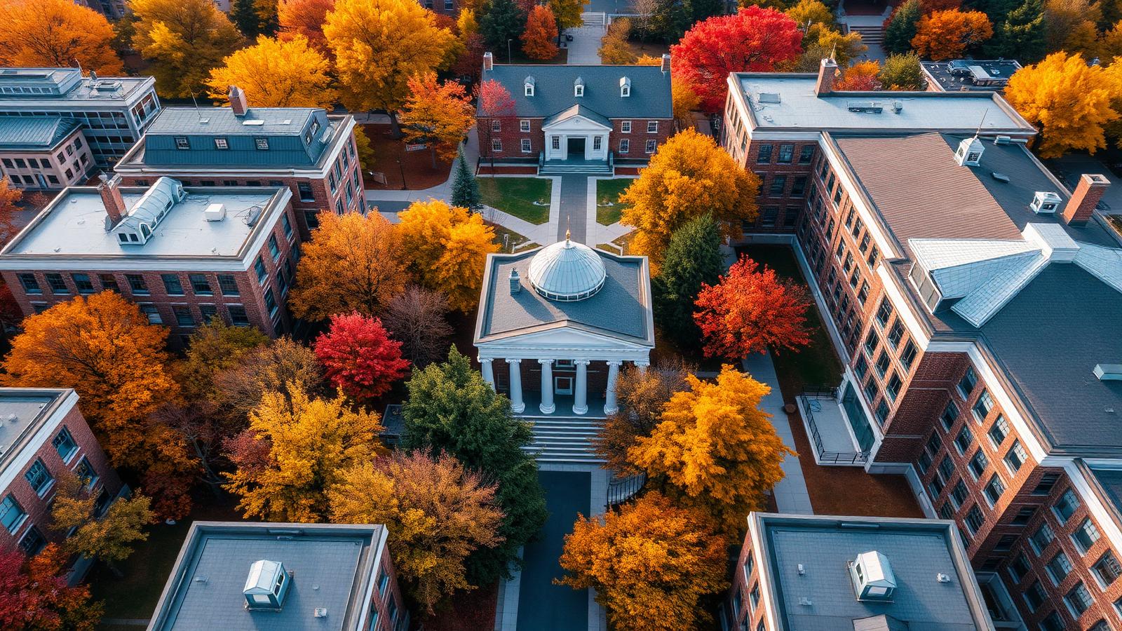 Aerial view of an American university campus in autumn, representing top undergraduate scholarship destinations